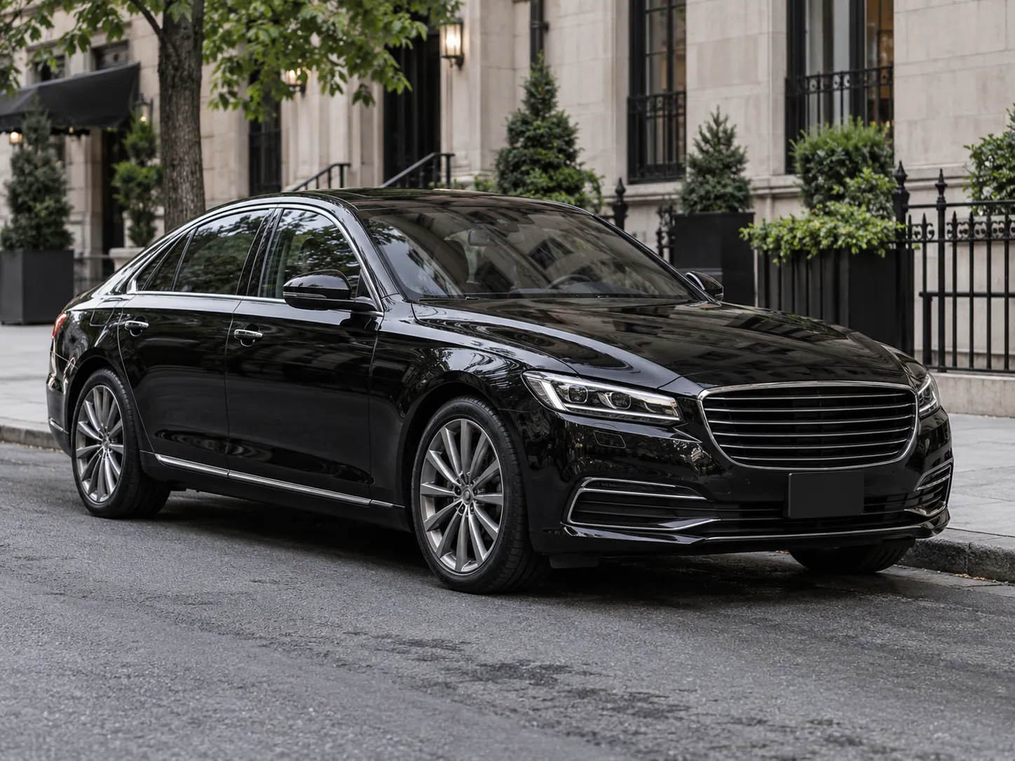 Illustrative black executive sedan parked on a city street