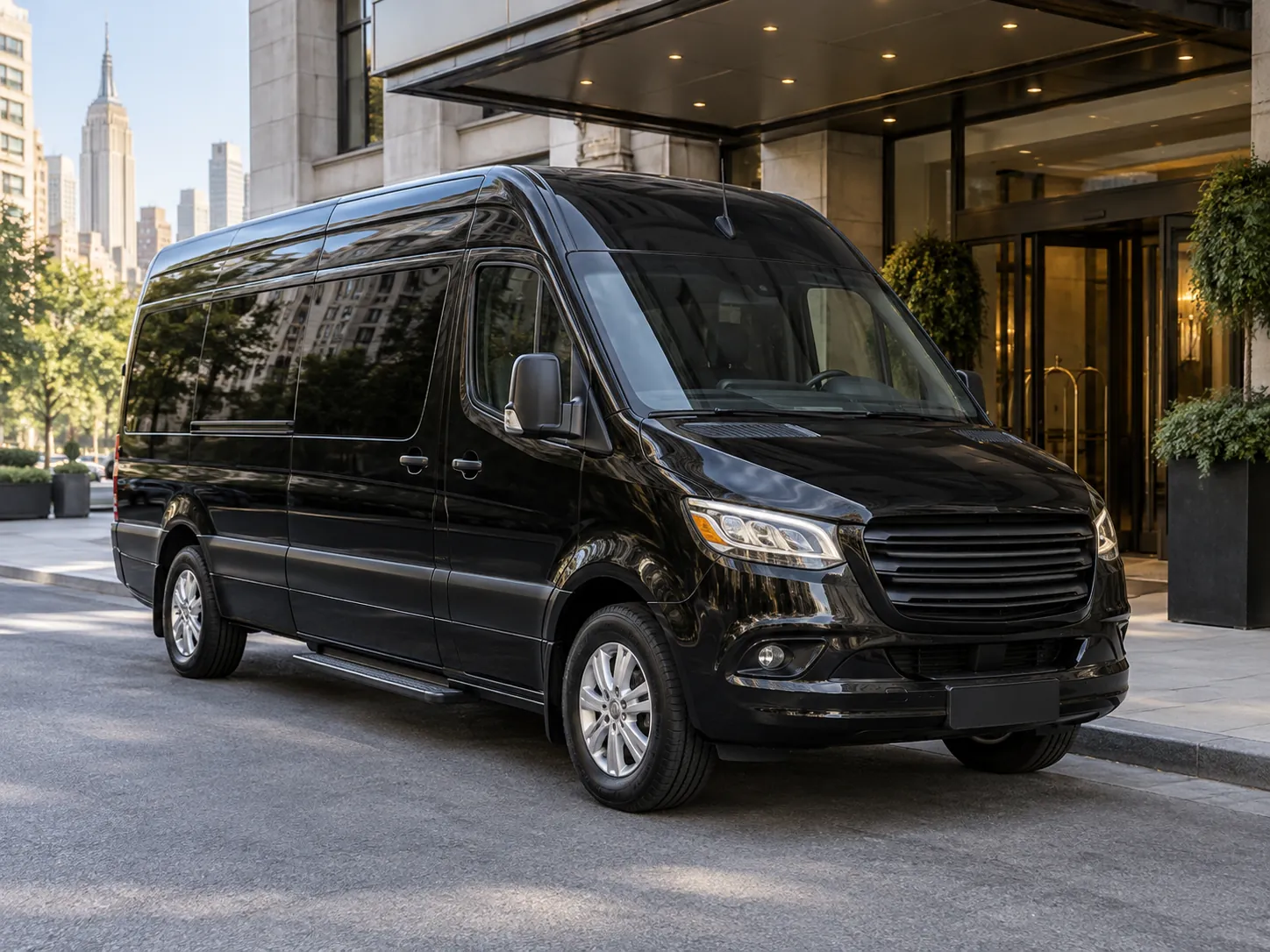 Illustrative black high-roof executive van outside a city hotel